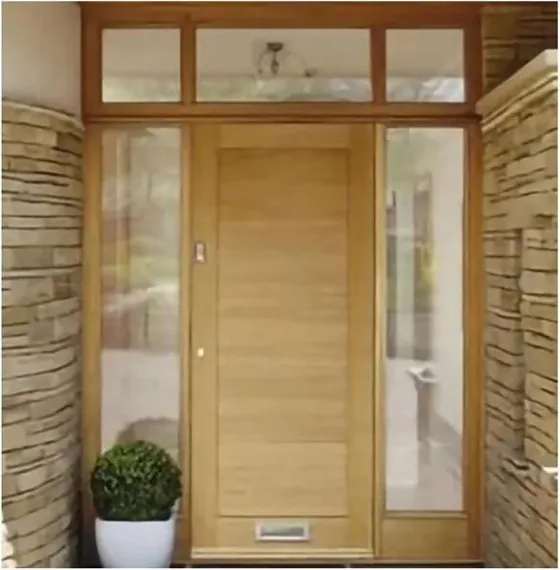 Honey oak exterior door, timber entry leaf, glazing and sidelights to order (EX-023)