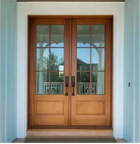 Honey oak exterior door, timber entry leaf, glazing and sidelights to order (EX-028)