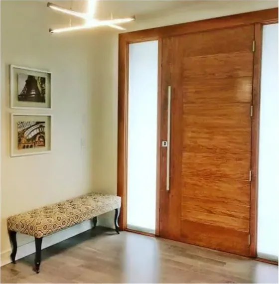 Honey oak exterior door, timber entry leaf, glazing and sidelights to order (EX-075)