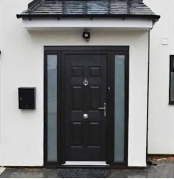 Dark timber exterior door, timber entry leaf, glazing and sidelights to order (EX-098)