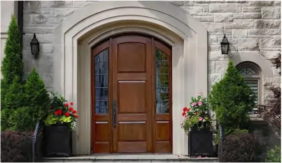 Walnut exterior door, timber entry leaf, glazing and sidelights to order (EX-113)