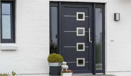 Charcoal exterior door, timber entry leaf, glazing and sidelights to order (EX-116)