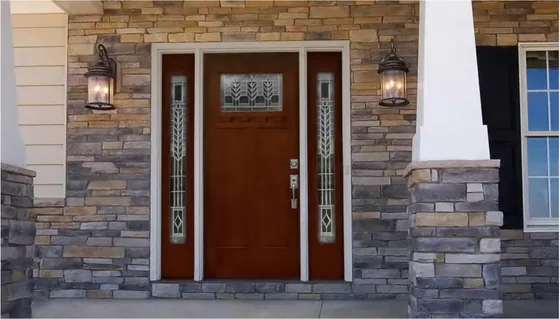 Dark timber exterior door, timber entry leaf, glazing and sidelights to order (EX-119)