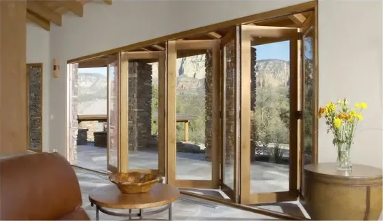 Honey oak folding door, folding glazed system, timber or aluminium frame (FD-025)