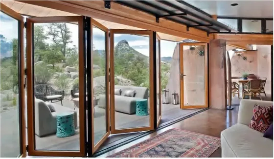 Grey folding door, folding glazed system, timber or aluminium frame (FD-027)