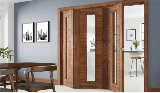 Honey oak folding door, folding glazed system, timber or aluminium frame (FD-028)