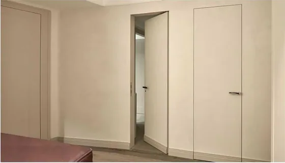 Light oak hidden door, flush-to-wall leaf with concealed frame (HD-012)