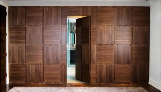 Walnut hidden door, flush-to-wall leaf with concealed frame (HD-015)