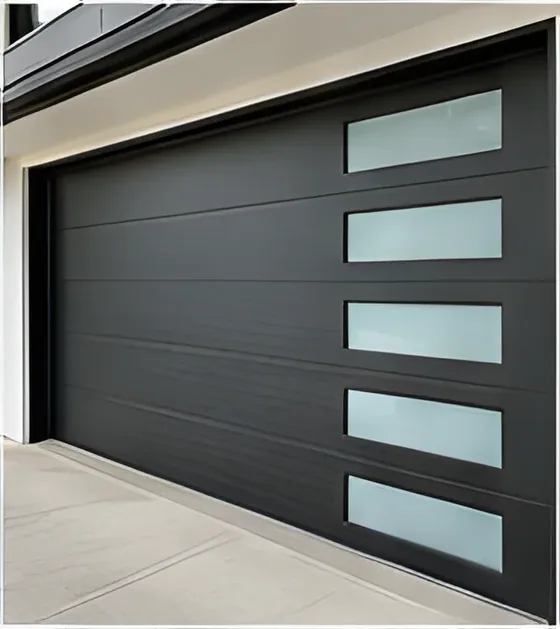 Flush panel garage door with frosted window row, insulated steel panel, powder-coated finish (GR-16)