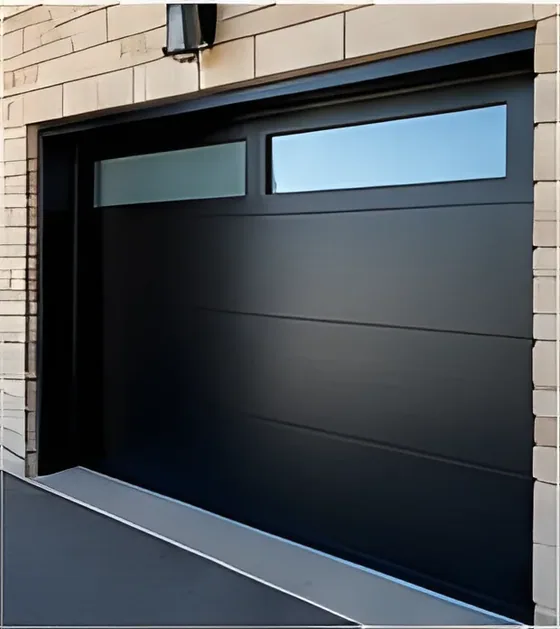 Flush panel garage door with top window band, insulated steel panel, powder-coated finish (GR-17)