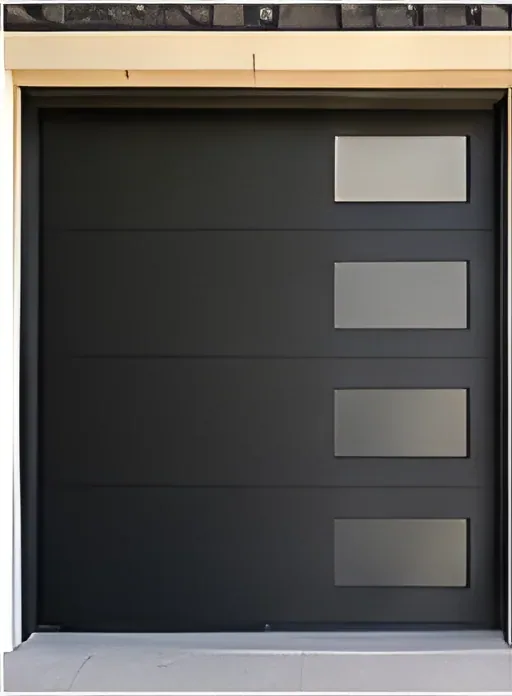 Flush panel garage door with square window row, insulated steel panel, powder-coated finish (GR-18)