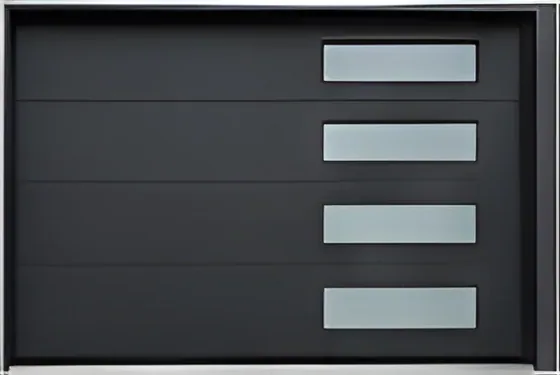 Flush panel garage door with frosted window row, insulated steel panel, powder-coated finish (GR-26)