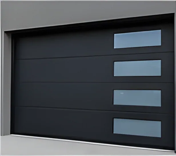 Flush panel garage door with frosted window row, insulated steel panel, powder-coated finish (GR-38)