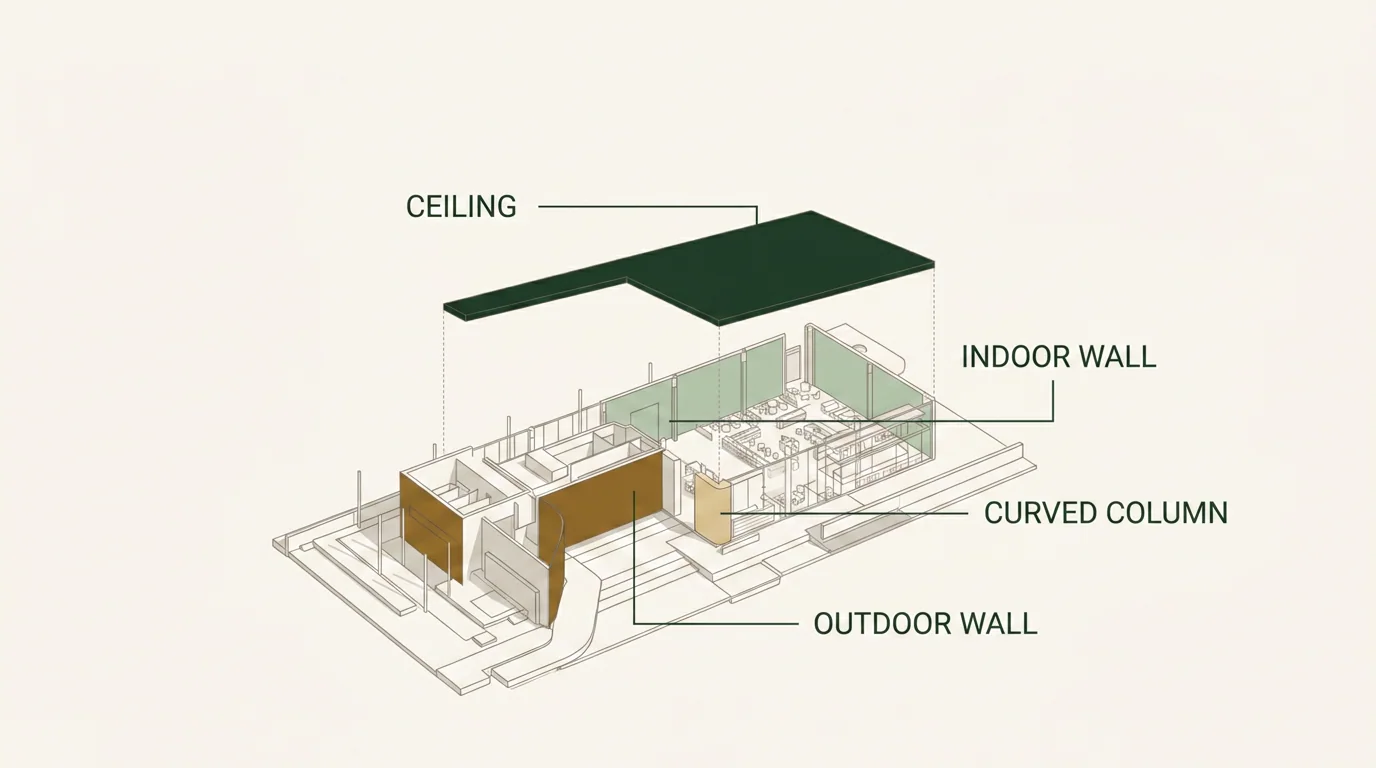 Axonometric diagram of a building showing flexible stone on the ceiling, indoor wall, curved column and outdoor wall